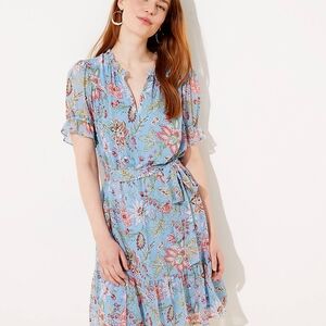 LOFT Garden Tie Waist Flounce Dress Sz L